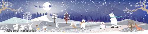 Vector horizontal banner of winter wonderland with cute polar bear family playing and rabbits looking at Santa sleigh with reindeer flying over full moon, Panorama landscapes of forest winter at night