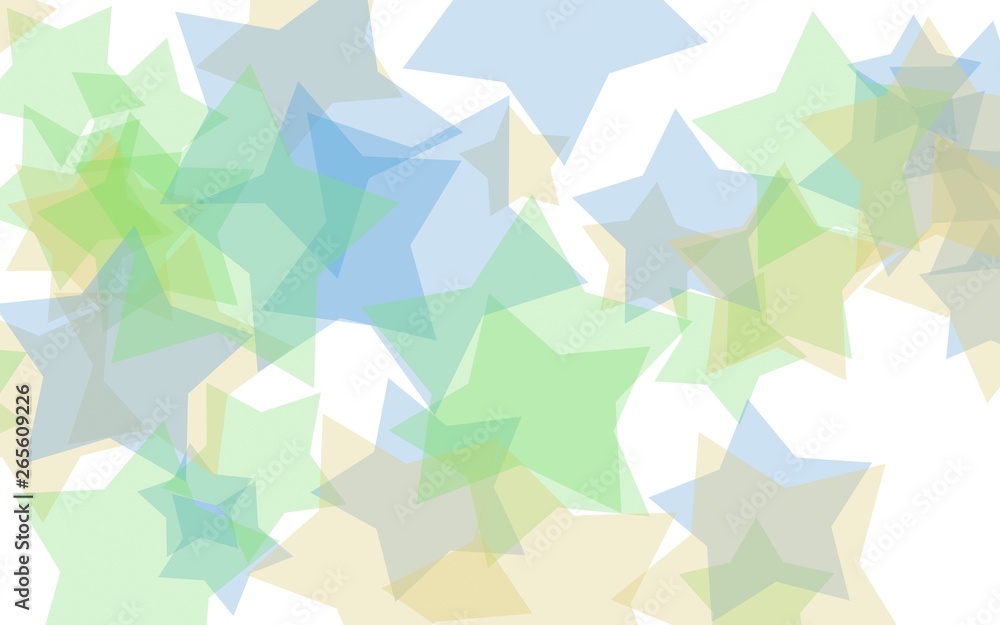 Multicolored translucent stars on a white background. Green tones. 3D illustration