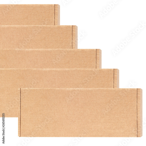 Cardboard boxes are the same located in a row diagonally. Isolated on a white background.