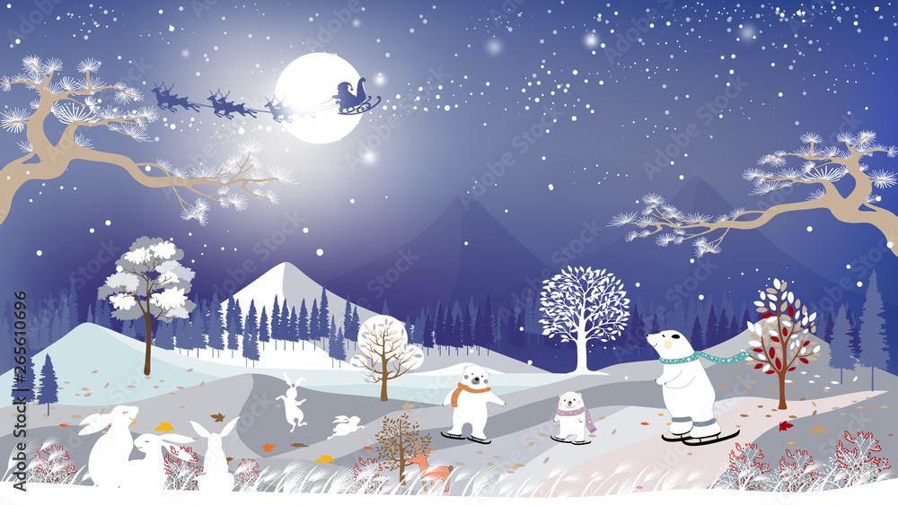 Vector horizontal banner of winter wonderland with cute polar bear family  playing and rabbits looking at Santa sleigh with reindeer flying over full  moon,Panorama landscapes of forest winter at night Stock Vector