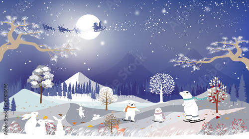 Vector horizontal banner of winter wonderland with cute polar bear family playing and rabbits looking at Santa sleigh with reindeer flying over full moon,Panorama landscapes of forest winter at night