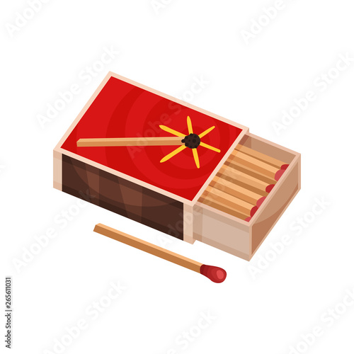 Open matchbox near to one match. Vector illustration.