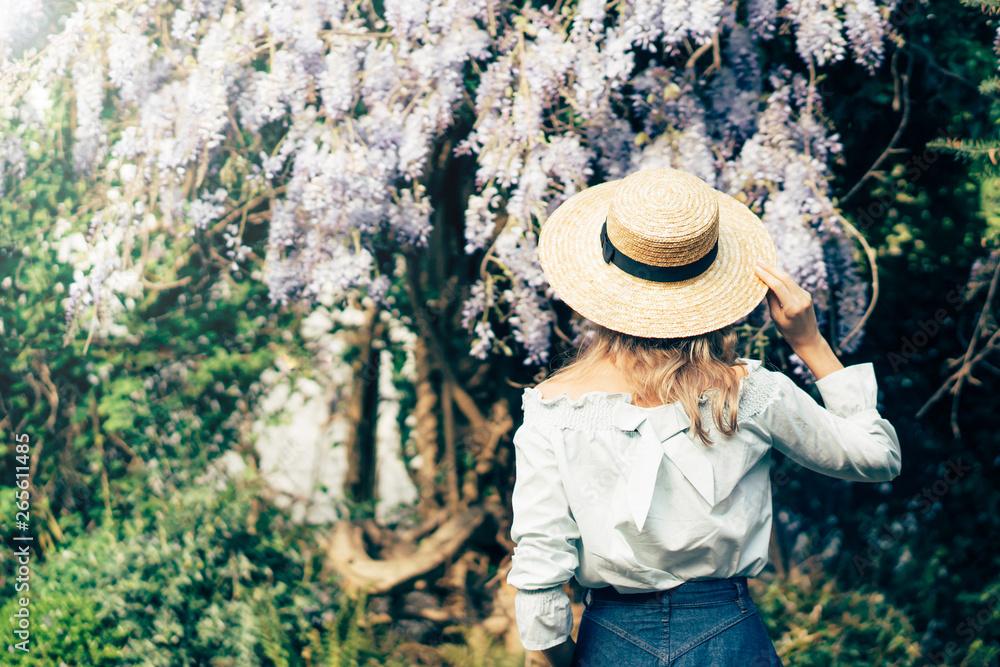 Girl on a sunny day in a straw hat view from the back on the background of blooming wisteria. Concept of summer vacation and travel. Copy space  for text
