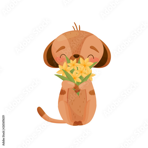Gopher sniffs a bouquet. Vector illustration on white background.