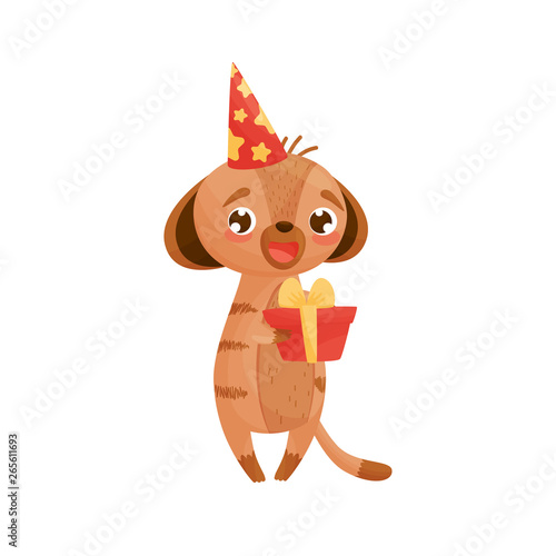 Humanized gopher holding a gift with a bow. Vector illustration