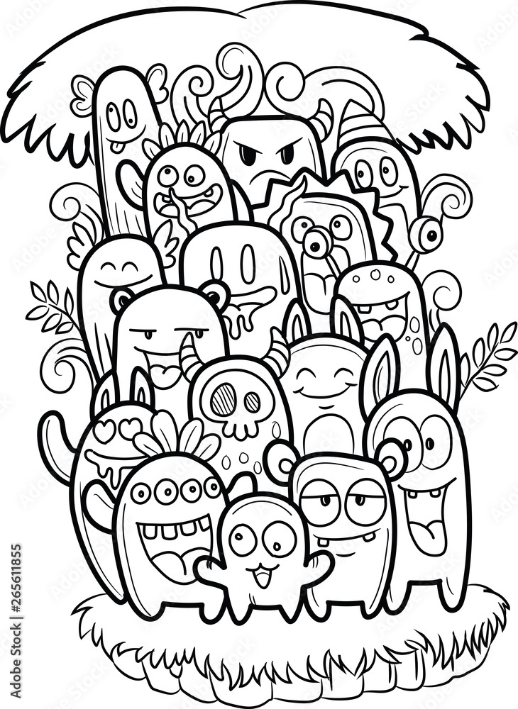 Vector illustration of cute doodle monster black and white isolated for coloring book 