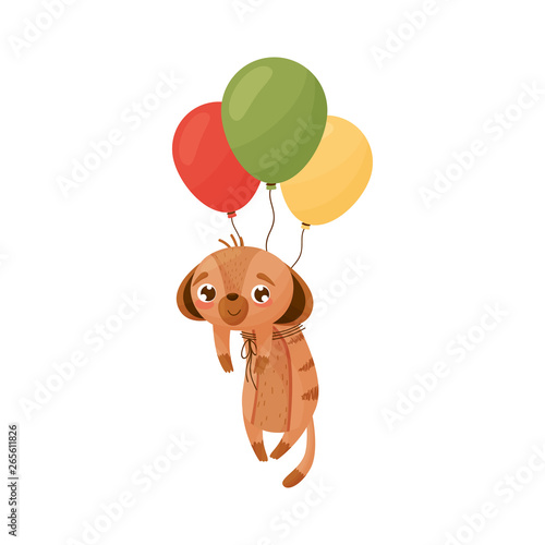 Cartoon gopher flies on balloons. Vector illustration on white background.