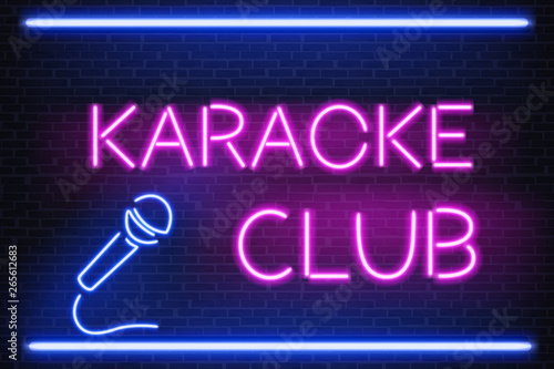 Karaoke club glowing bright neon light signboard 3d realistic vector with pink letters and blue microphone illustration on brick background. Illumination for nightclub with live musical performances