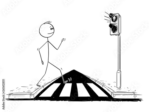 Cartoon stick figure drawing conceptual illustration of man walking on crosswalk or pedestrian crossing ignoring that red light is on on stoplights.