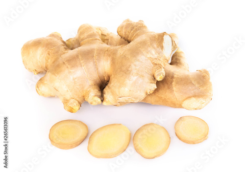 Fresh ginger root with sliced islolated on white background for herb and medical product concept