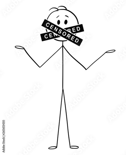 Cartoon stick figure drawing conceptual illustration of talking man with censored bar or sign covering his mouth. Concept of freedom of speech and censure.