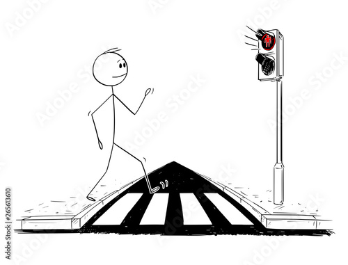 Cartoon stick figure drawing conceptual illustration of man walking on crosswalk or pedestrian crossing ignoring that red light is on on stoplights.