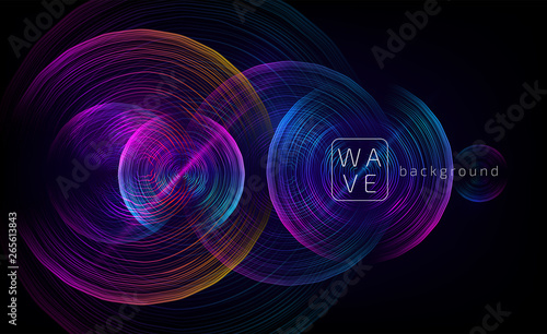 Abstract digital future circle shapes vector background consist on wave lines. Tech music sound concept. Electronic light rounds illustration on black backdrop