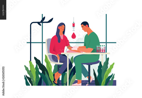 Medical tests illustration - blood test - modern flat vector concept digital illustration of blood test procedure - a patient and doctor with a syringe and test tubes, the medical office or laboratory