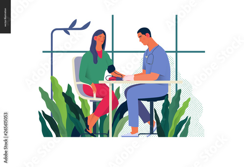 Medical tests illustration - blood pressure test - modern flat vector concept digital illustration of blood pressure measurement procedure - a patient and doctor with a meter, medical office or