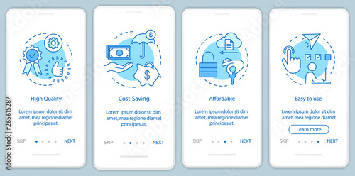 Software benefits onboarding mobile app page screen with linear concepts