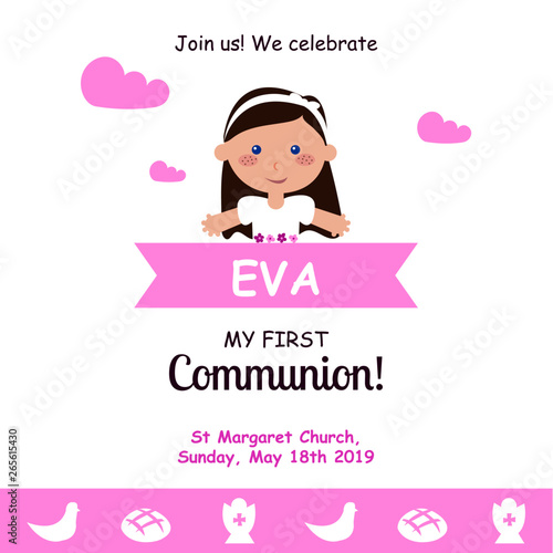 My first communion invitation with message on pink background - Vector