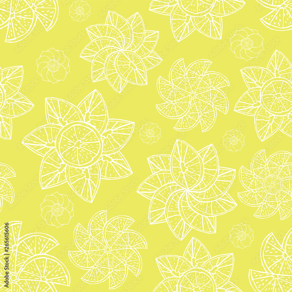 Yellow citrus fruit ornamental mandala seamless vector pattern.