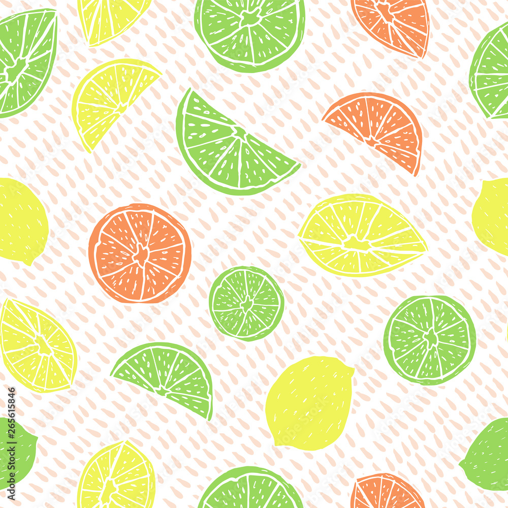 Multicolored hand drawn citrus fruit on drop-textured background. Seamless vector pattern.