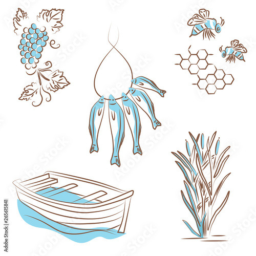 Vector illustration, logo about summer types of recreation on the river. Sketches of boats, reeds, fishing, fish on a rope, bees collect honey, honeycombs, grapes, wine.