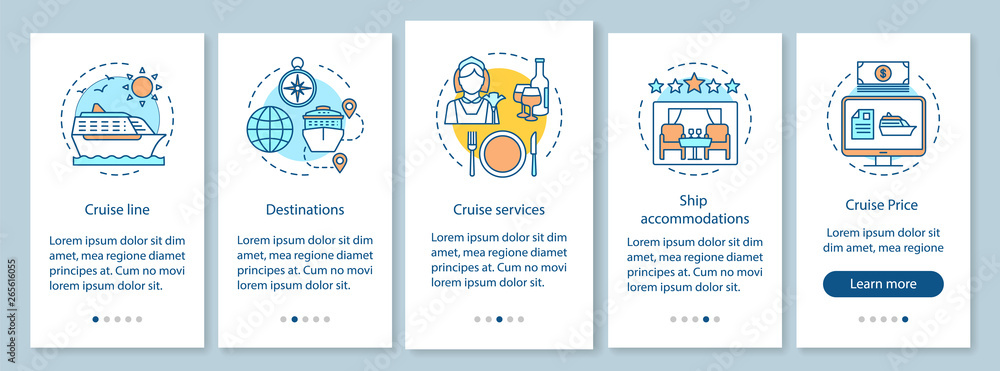 Naklejka premium Cruise deals onboarding mobile app page screen, linear concepts