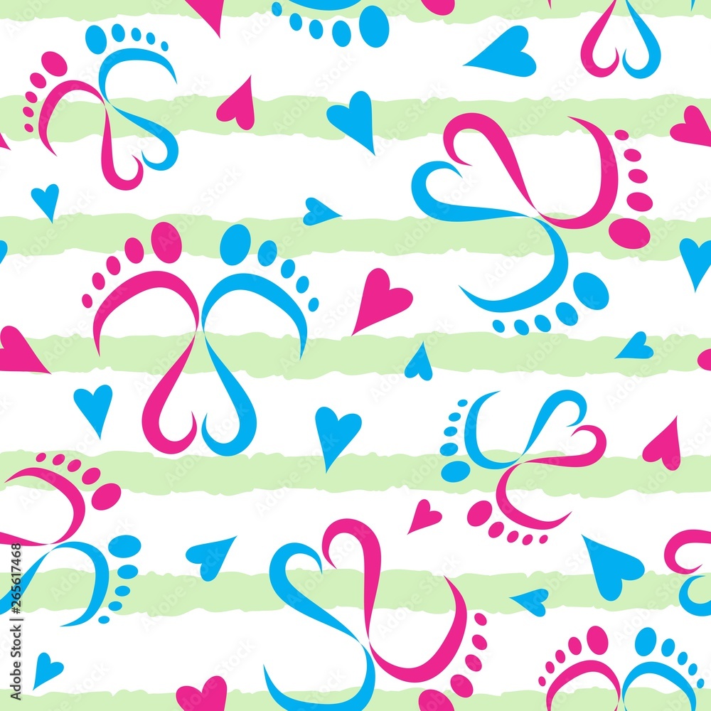 Fototapeta premium Baby feet and hearts seamless vector pattern