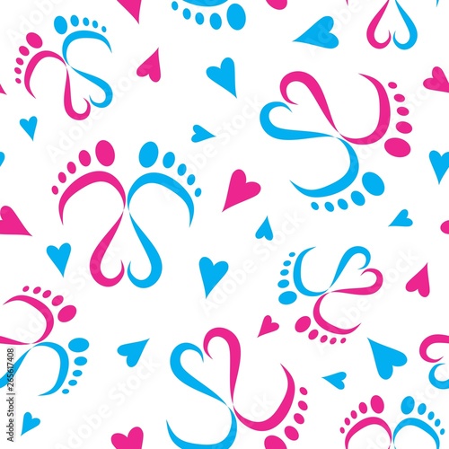 Baby feet  and hearts seamless vector pattern