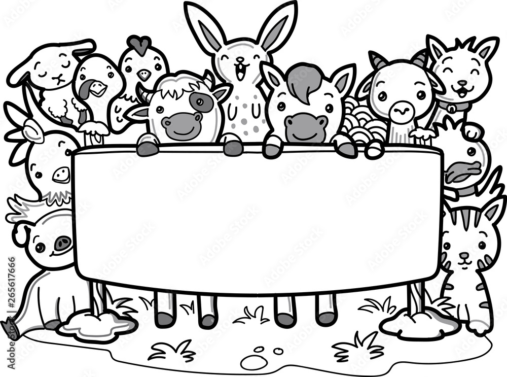 Fototapeta premium Vector illustration hand drawn of cute doodle farm animal set with white board.