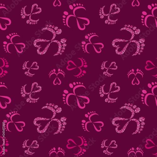 Seamless Vector Pattern of Baby Feet and Heart with glitter effect