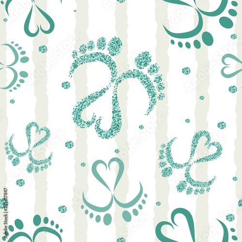 Seamless Vector Pattern of Baby Feet  and Heart with glitter effect