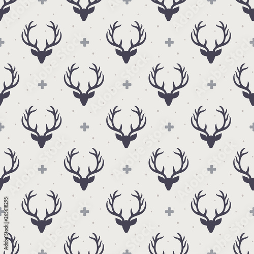 Reindeer seamless pattern background, deer head silhouette with antlers, modern scandinavian background, nordic style