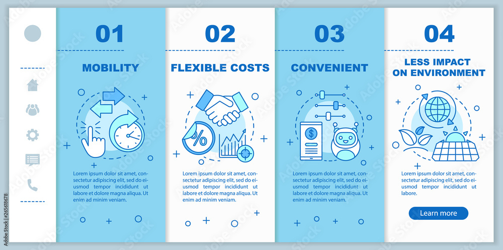 Technology advantages, benefits onboarding mobile web pages vector template