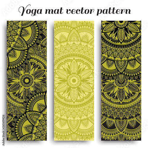 Set of yoga mats with ethnic designs. Green and black vector pattern with mandala.