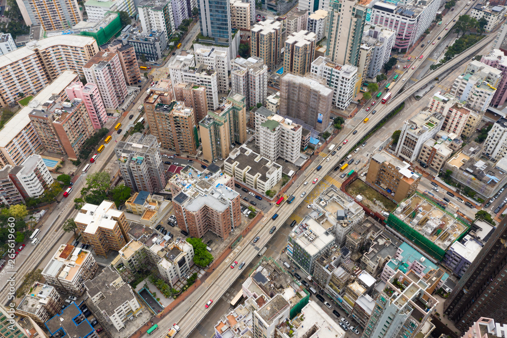 Fototapeta premium Top view of Hong Kong urban city