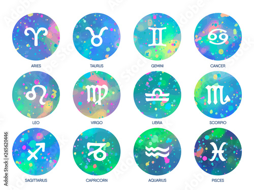Zodiac icons on watercolor background. Freehand drawing. Vector illustration