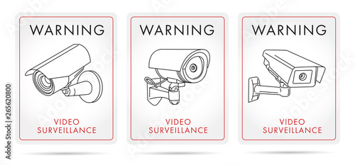 video surveillance posters and stickers with linear icon of camera