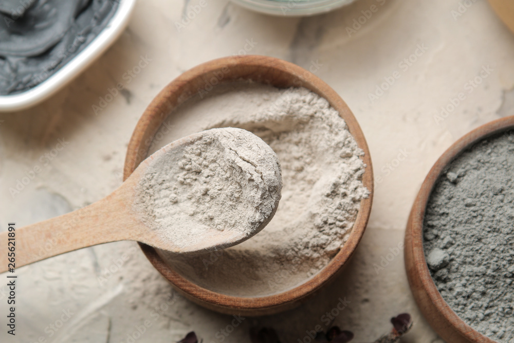 Cosmetic clay. clay facial mask on a light background. different types of clay. natural cosmetics for cosmetic procedures. Beauty concept. top view Cosmetic clay. clay facial mask on a light background. different types of clay. natural cosmetics for cosmetic procedures. Beauty concept. top view