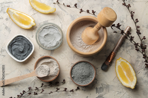 Cosmetic clay. clay facial mask on a light background. different types of clay. natural cosmetics for cosmetic procedures. Beauty concept. top view