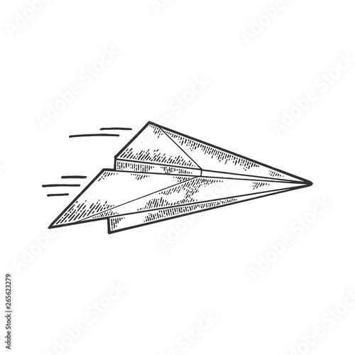 Paper airplane creation instructions sketch engraving vector illustration. Scratch board style imitation. Black and white hand drawn image.