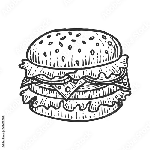 Hamburger burger sandwich sketch engraving vector illustration. Scratch board style imitation. Black and white hand drawn image.