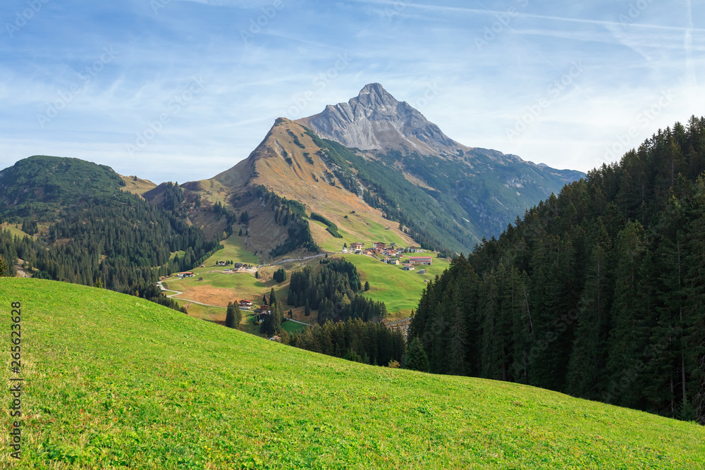 View towards the alpine village Lechleiten from the village of Warth. State of Vorarlberg, Austria.