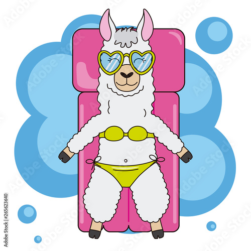 Llama sunbathing on top of a float in the water
