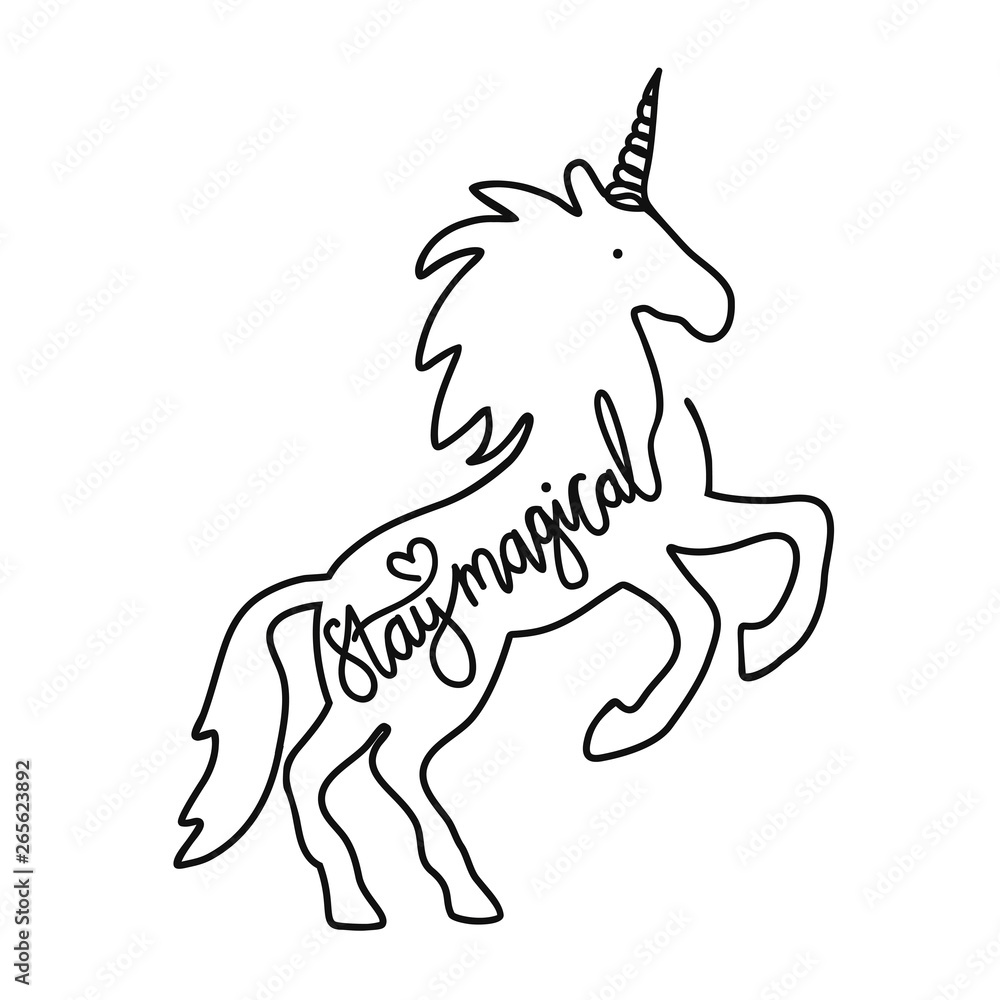 Vector illustration with one line drawn unicorn and calligraphy quote - Stay Magical. Vector illustration with one line drawn unicorn and calligraphy quote - Stay Magical.
