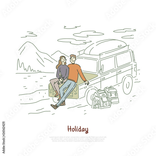 Road trip, couple in love on holiday, honeymoon vacation, backpackers, boyfriend and girlfriend sitting on hood banner