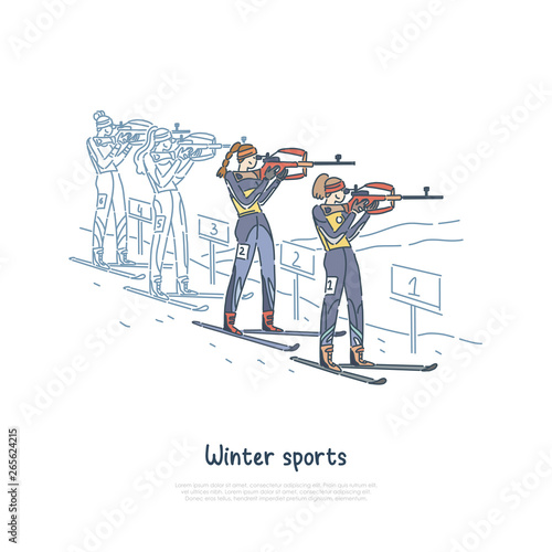 Biathlon race, winter seasonal sport participants, professional sportswoman skiing, shooting banner template