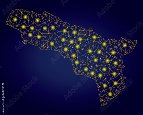 Yellow mesh vector Abkhazia map with flare effect on a dark blue gradiented background. Abstract lines, light spots and dots form Abkhazia map constellation.