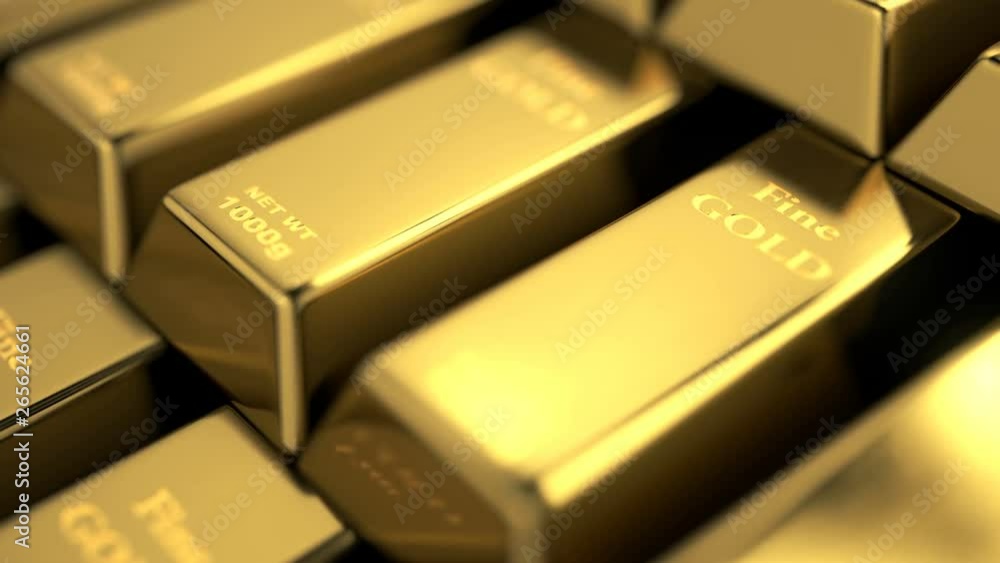 Close-up view of fine gold bars stack. Camera moving over stairs of fine gold bars. High resolution visualizing details on golden bars surface. Loopable seamless video.