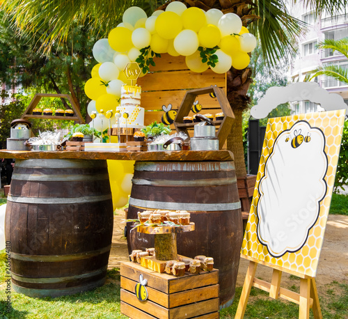 Bee, honey, honeycomb themed in wood tones baby shower party, newborn baby party, birthday party concept design, decorations