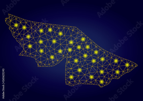 Yellow mesh vector Acre State map with glare effect on a dark blue gradiented background. Abstract lines, light spots and dots form Acre State map constellation.