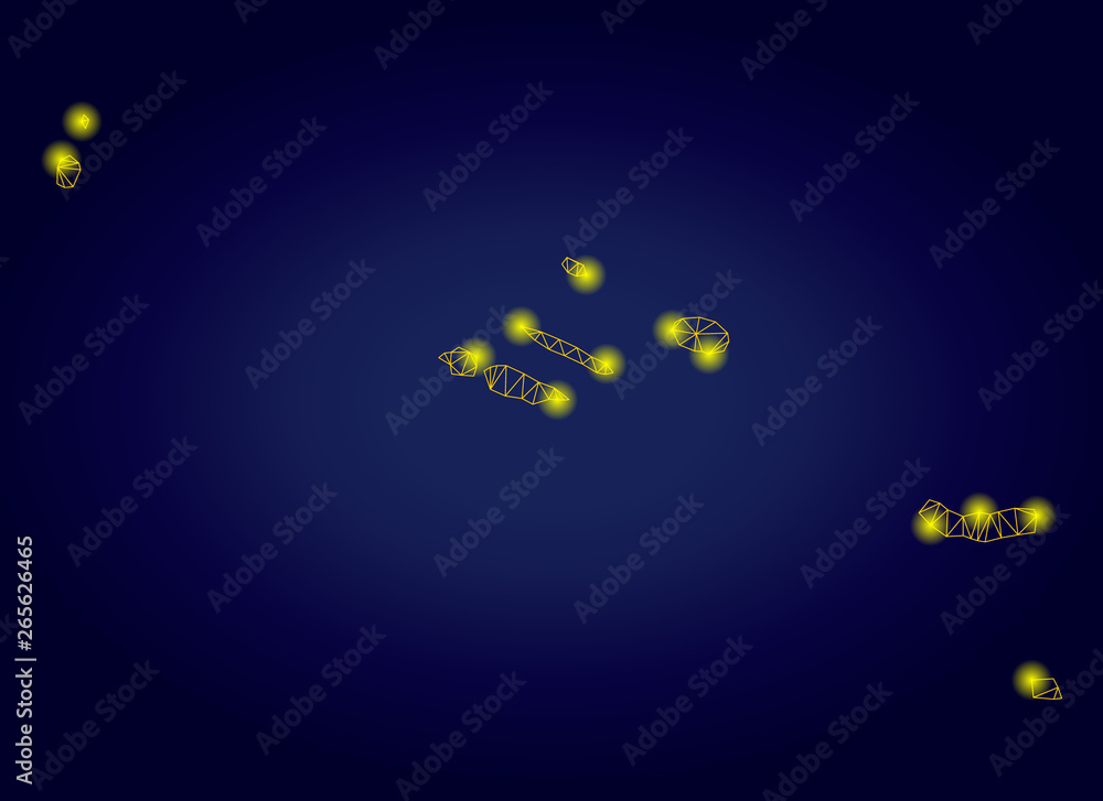 Fototapeta premium Yellow mesh vector Azores Islands map with glare effect on a dark blue gradiented background. Abstract lines, light spots and circle dots form Azores Islands map constellation.